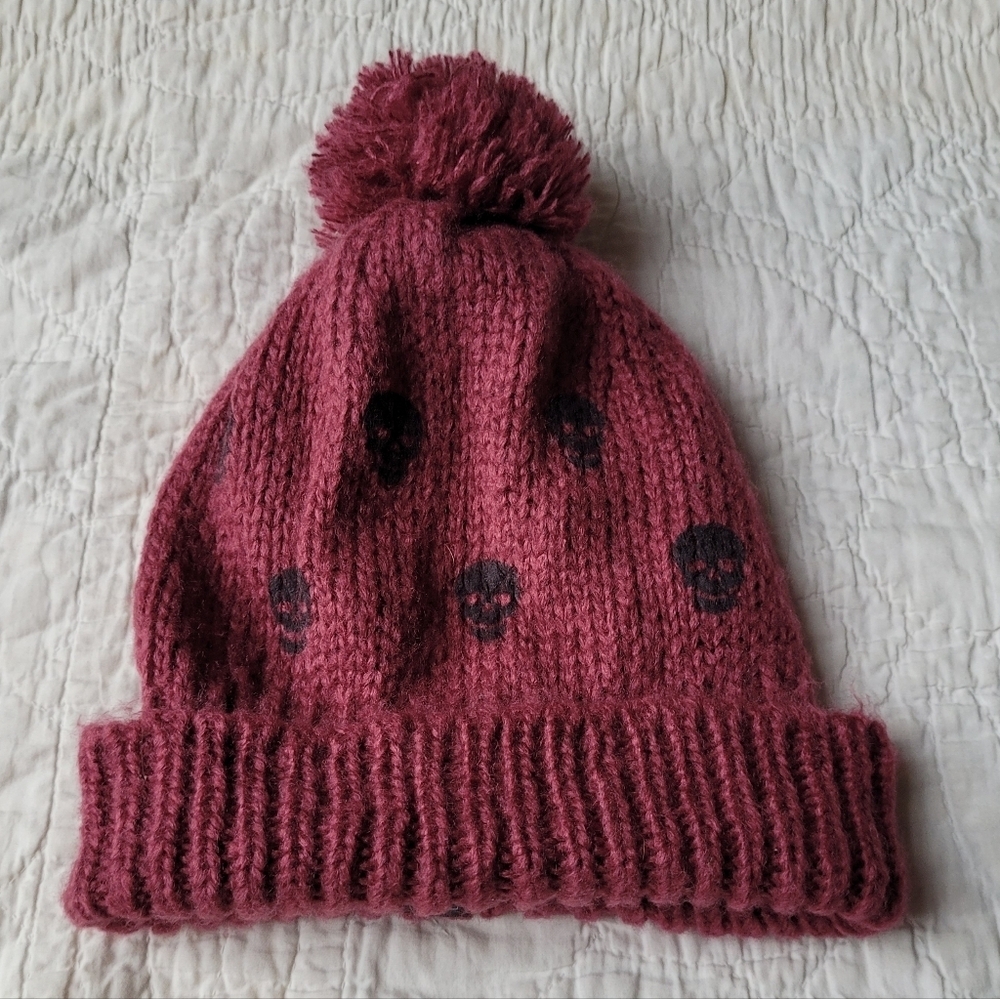 WOODEN SHIPS WOOL MOHAIR POMPOM HAT BEANIE TOQUE WINTER PINK BLACK SKULLS